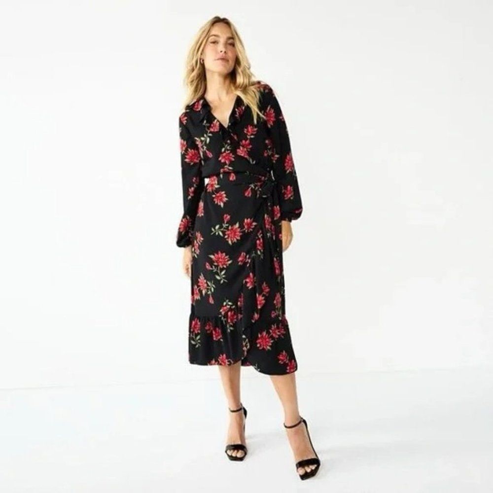 DRAPER JAMES Red Floral Long Sleeve Ruffle Midi V-neck Wrap Dress Sz XS